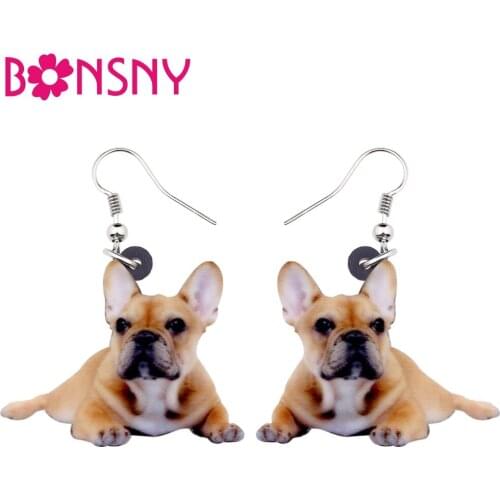 Bonsny Acrylic Lying French Bulldog Dog Earrings Big Long Dangle Drop Women Girl Ladies Novelty Cartoon Jewelry Bulk Gift Animal