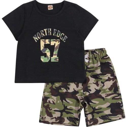 Baby Short Sleeve + Shorts, Camouflage Print Classic Round Neck Elastic Waist Drawstring Summer Clothing 18M-6T