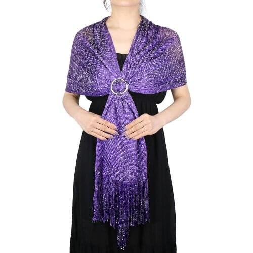 Fashion Glitter Lurex Long Scarf Shawl For Elegant Women Party Popular Breathable Mesh Metal Ring Accessories Tassel Scarf