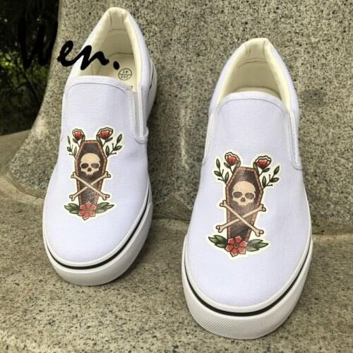 Wen Original Design Death Coffin Skull Flower Slip On White Men Canvas Shoes Black Women Sneakers Adult Low Espadrilles Flats