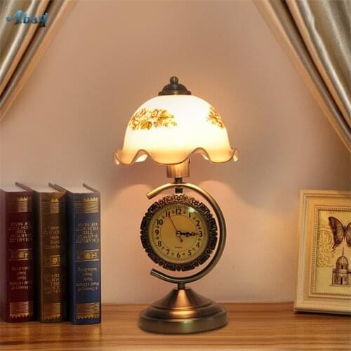 European Retro Pastoral Classical Table Lamps Bedroom Bedside Desk Lights Living Room New Chinese Clock Study Glass Fixtures