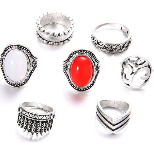 Jewdy Red White Opal Statement Knuckle Rings Set For Women Boho Geometric Pattern Flower Finger Jewelry Winter Party Gift 2020