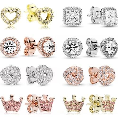 Classic Rose Gold High Quality Luxury Crystal Heart Stud Earrings Pink Crown Round Elegant Earrings For Women Girl Couples lover