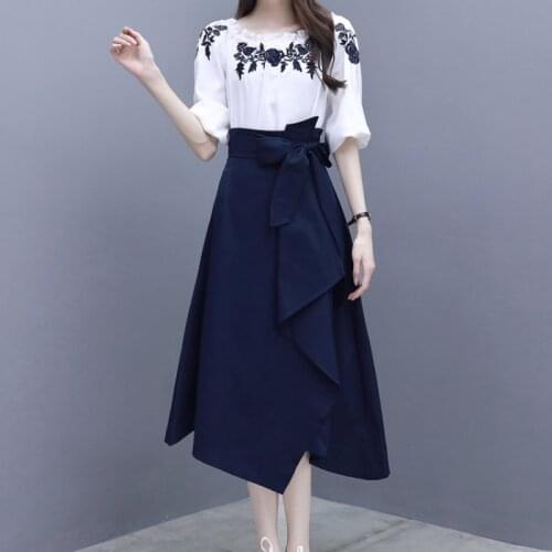 Summer Two-piece Floral Print Short-sleeved T-shirt Square Collar Top Bow Irregular Half-length Skirt Female Elegant Casual Suit