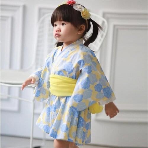 New Japanese Style Girls Dress Kimono Cosplay Print Haori Yukata Obi Hmong Japan Fashion Clothing for Toddler 1-8 Years Old