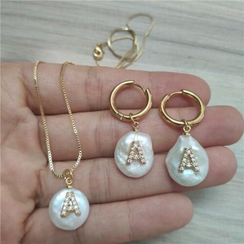 Initial 26 alphabet letter name charm white CZ pearl pendant choker necklace stainless steel hoop earring jewelry set for women