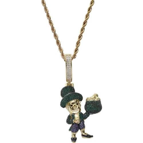 Iced Out Full Zircon Circus Clown Pendant Necklace Fashion Crystal Cartoon Cap Droll Hip Hop Jewelry For Men