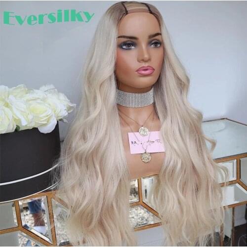 Glueless Body Wave 2x4 Middle U Part Wigs 100% Human Hair 100% Unprocessed Ombre Platinum Blonde 30inch Full Machine Made Wig
