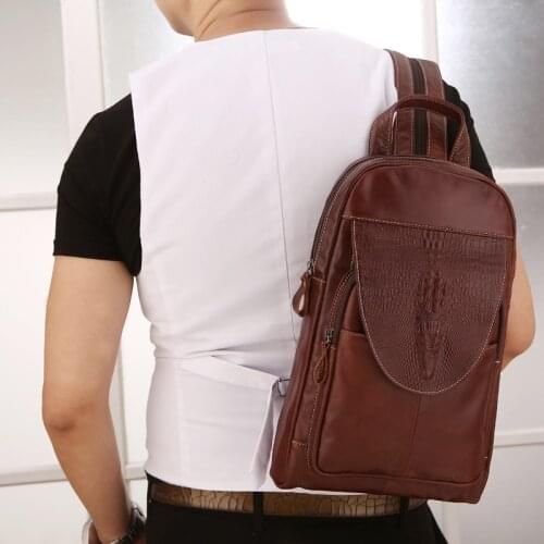 Men Original Leather Casual Fashion Chest Sling Bag Brown Design Travel Multi-function Male Shoulder Cross body Bag Daypack Male