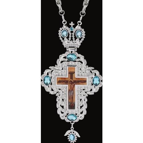 Punk Hip Hop Silver Color Pectoral Cross Orthodox Crucifix Pendants Long Necklace Full Rhinestones Religious Jewelry