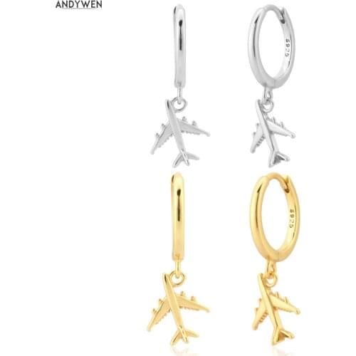 ANDYWEN 925 Sterling Silver 8.5mm Gold Aros Avioneta Aircraft Drop Earring Piercing Pendiente Clips 202 New Women Jewelry Gift