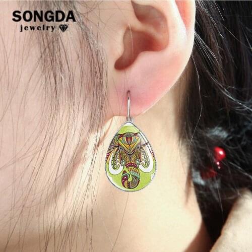 SONGDA Bohemia Cartoon Elephant Mandala Teardrop Earrings Handmade Picture Glass Dome Water Drop Earrings for Women Gift Brincos