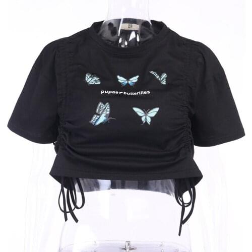 Streetwear Women Black Crop T-shirts Harajuku Gothic Top Butterfly Print Vintage Female Casual Basic T-shirt