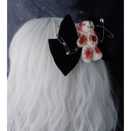 Cosplay Lolita Bow Hairpin Handmade Bloody Bear Suede Hair Clips Pin Accessories For Women Girls Hair Ornaments Halloween