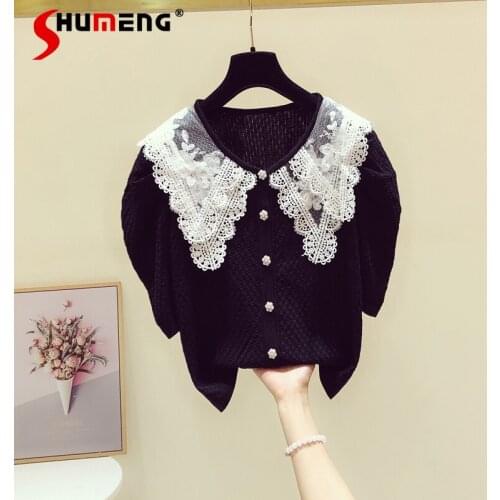 Womens Short Sleeve Lace Stitching Thin Ice Silk Knitted T Shirt Cardigan 2021 Summer New Loose Korean Fashion Short Tee Tops