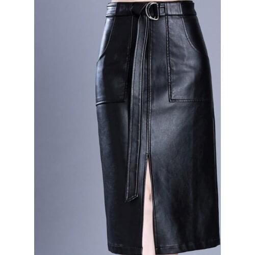 Women Pu Leather Skirt plus size 5xl Autumn Casual Office Work split High Waist Long skirt