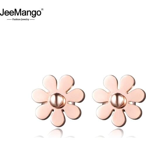 JeeMango Classic Cute Small Daisy Flower Stud Earrings Rose Gold Color Stainless Steel Trendy Earrings Jewelry For Women JE17028