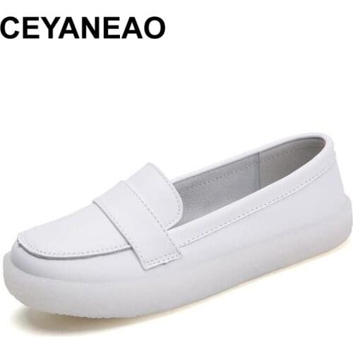 CEYANEAO Cowhide Women Flats Shoes Casual Woman Sneakers White Nurse Shoes Slip On Loafers Single Shoes Female Footwear Spring