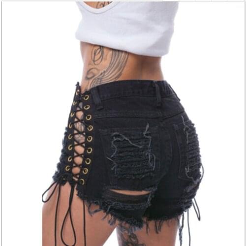 High Waist Women Plus Size Tassel Denim Sexy Summer Side Slit Bandage Ripped Jeans Vintage Hole Shorts Lady Party Club Bottoms
