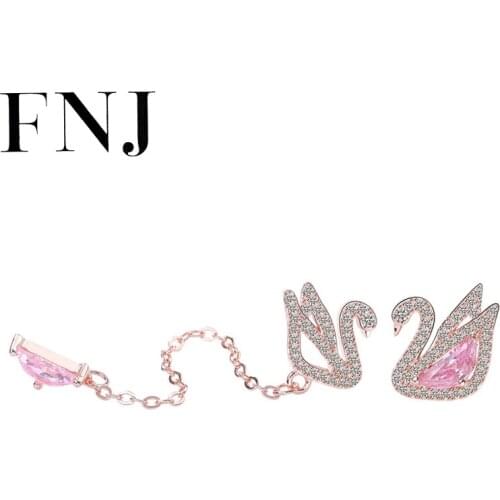 FNJ Asymmetry Swan Earrings 925 Silver Jewelry Original Pure S925 Sterling Silver Stud Earring for Women Cubic Zircon