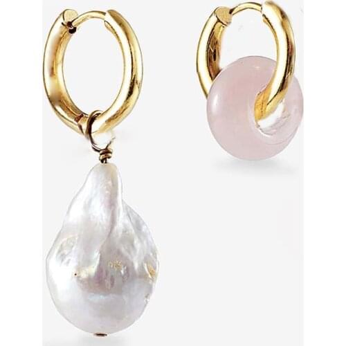 Lady Korea Style Classic baroque pearl drop dangle stainless steel misto donut natural mismatched pink stones earrings women