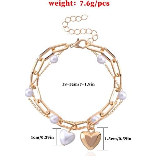 Bohemian Gold Heart Miami Thick Chain Bracelet Statement Female Pearl Love Charm Layered Bracelet&Bangles Fashion Jewelry