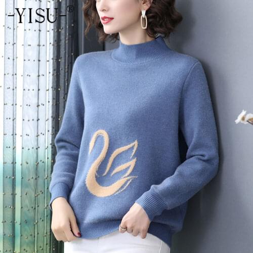 YISU Women Winter Sweater O-Neck Swan pattern Solid color Jumper Warm Casual Plus velvet Winter tops Fashion Knitted pullover