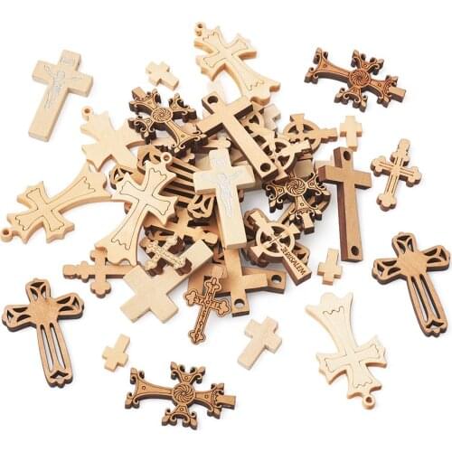 100pcs/set Wooden Pendants and Links Cross Theme Wheat Color For Jewelry Making 15~47x10~32x4~5mm, Hole: 1.5~4mm