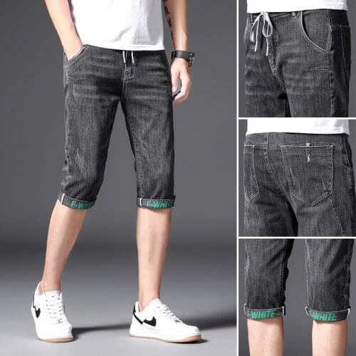 2021 summer thin denim shorts mens loose brand casual students mens stretch casual teenagers knee length cropped pants