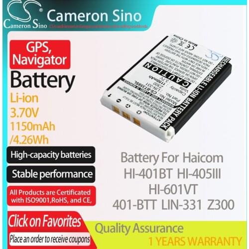 CameronSino Battery for Haicom HI-401BT HI-405III HI-601VT fits Haicom 401-BTT LIN-331 Z300 GPS, Navigator battery 1150mAh 3.70V