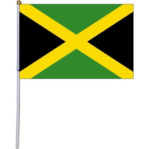 Free shipping xvggdg 100pcs 14 * 21cm National Flag Jamaica hand flags with plastic flagpole Polyester Printing flag