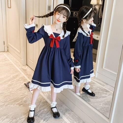 Kids Navy Blue Party Dress Long Sleeve Teenager School Uniform Bowknot Kids Classic Dress for Girls 4 5 7 9 11 13 Years Old