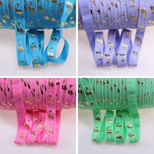 5/8" gold foil mermaid printed fold over elastic ribbon for DIY hair band/packing/decorations,50yards per lot