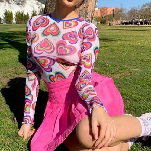Fashion Y2k Tops Summer Heart Print Mesh Top Harajuku Long Sleeve Cropped T Shirt 2021 Women Streetwear Sexy Transparent Tshirts