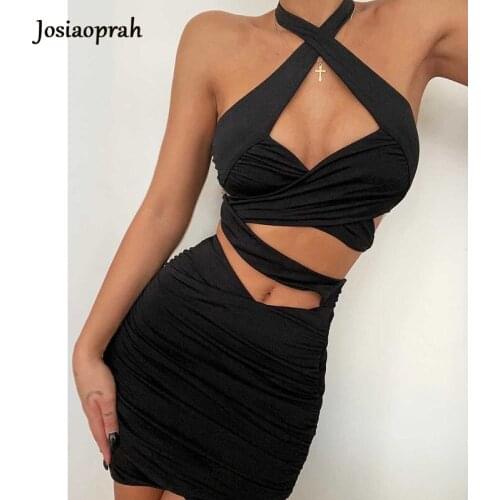 Josiaoprah Ruched Mini Dress Backless 2 Layers Stretch Sleeveless Slim Fit Sexy Summer Dress Women Fashion Robe Party Wear