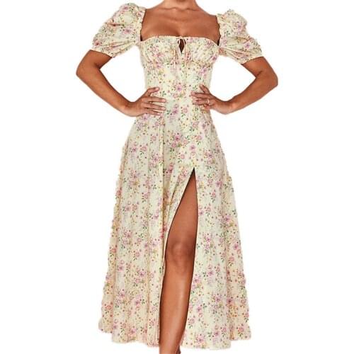 Floral Dress Women 2021 Summer New Fashion French Elegant Puff Sleeve High Waist Split Fork Long Dresses Female LR1257