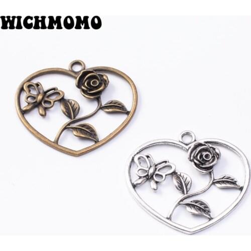 2020 New Fashion 2pcs/lot 48*54MM Retro Plated Zinc Alloy Heart Flowers Charms Pendants for DIY Necklace Jewelry Accessories