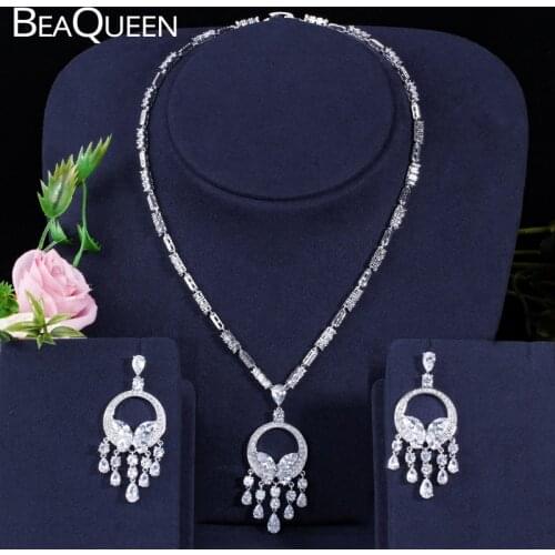 BeaQueen Luxury Women Wedding Costume Jewelry Cubic Zirconia Crystal Long Tassel Drop Earrings Necklace Sets for Brides JS024