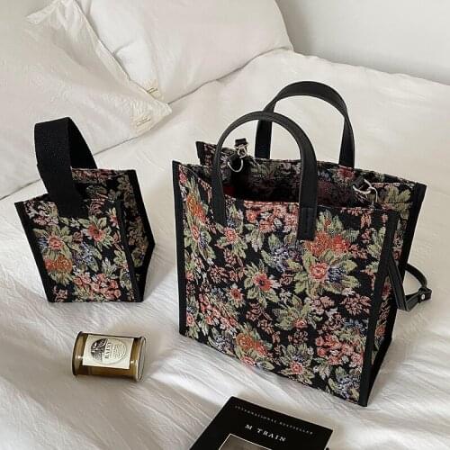 S.IKRR Waterproof Canvas Tote Bag Set Embroidery Flower Vintage Handbags For Women 2021 Shoulder Crossbody Bags Shopper Purses