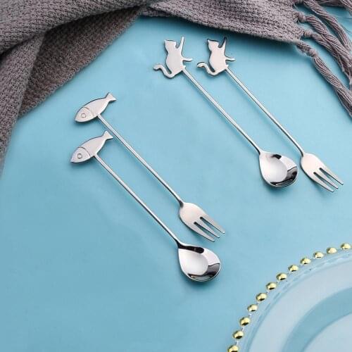 1pcs Cute Kitty Shape Stainless Steel Long Handle Coffee Stirring Spoon Cake Spoon Fork Tableware Supplies Coffee Scoops Decor