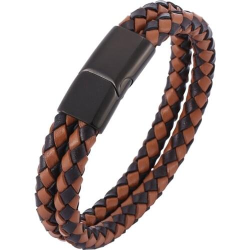 Vintage Punk Brown Double Braided Leather Bracelet Bangle Men Jewelry Stainless Steel Magnetic Clasp Male Wristband Gifts PD0506