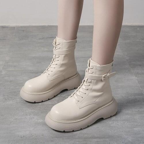 Women Platform Mid Calf Boots Ladies PU Leather Lace Up Fashion Shoes Female Buckle Strap Casual Increase Height Sneakers Black