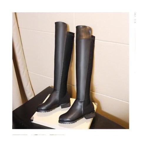 Cheap Price Black Leather Knee High Women Winter Boots Low Heel Warm Round Toe Solid Color High Quality Shoes
