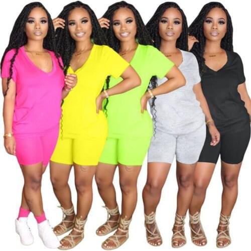 Casual Womens Sets V-neck Solid Color T-shirt Shorts Suit
