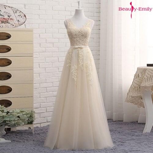 Beauty-Emily V Neck Evening Dresses Long 2019 Sleeveless Appliques Tulle Prom Formal Dress Lace Up Open Back Vestido de noche