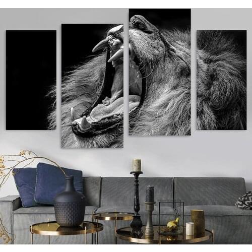4PCS HD Photo Roaring Lion Wall Decoration Living Room Corridor Office Art Poster Painting Home Decoration Accessories Frameless