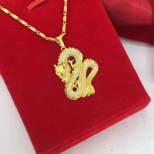 Micro Paved Zirconia Dragon Shaped Pendant Chain Yellow Gold Filled Womens Mens Pendant Necklace