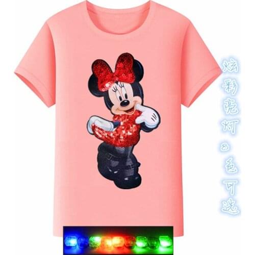Disney Summer Cartoon Print Color Sequined Mickey Mouse Girl T-shirt Cotton Short Sleeve Top Fashion