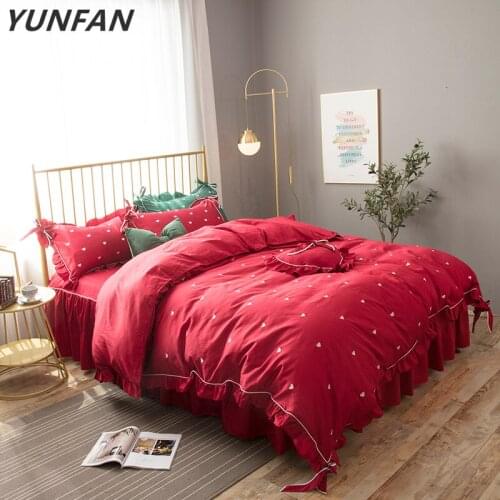 Pure cotton Bedding Sets red Duvet Cover sets luxury Bed Linen princess bed skirt twin full queen king luxury wedding bedclothes