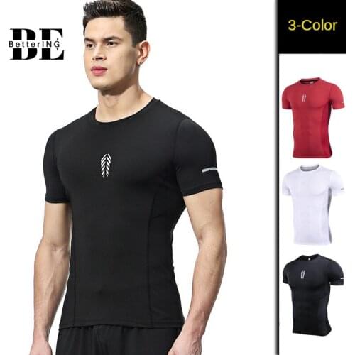 Summer New Fitness Wear Mens High Elastic Quick-dry Sports Short Sleeve T-shirt Breathable Tights Black Basketball Running Suit